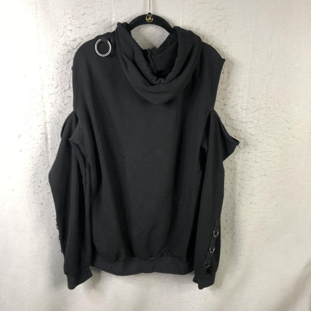 LF The Brand Hoodie Womens S Black Cold Shoulder Straps Punk Gothic Streetwear - Picture 2 of 12